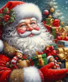 Cuadro Santa Claus y Muñecos Diamond Painting: Papá Noel rodeado de regalos brillantes, peluches y decoraciones navideñas