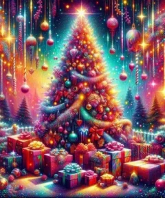 Cuadro Árbol de Navidad con Arte con Diamantes: un árbol navideño iluminado, adornos brillantes y regalos coloridos
