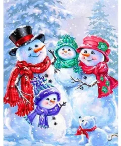 Familia de Muñecos de Nieve Técnica de Gemado: personajes de hielo con gorros y bufandas en un paisaje nevado