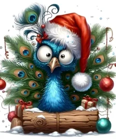 Pavo real azul gorro Navidad Punto de Diamante: un pavo real azul con sombrero navideño rodeado de plumas, adornos y regalos
