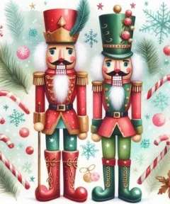 Cuadro Cascanueces Bastón de Diamond Painting: dos cascanueces navideños con bastones de caramelo y copos de nieve