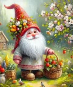 Cuadro Duende bosque fresas Diamond Painting: adorable duende con sombrero rojo en un jardín florido sosteniendo una cesta de fresas