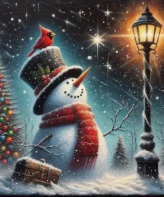 Cuadro Muñeco navideño Pintura con Diamantes: muñeco de nieve con sombrero y bufanda en paisaje nevado junto a una farola
