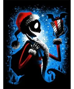 Cuadro Esqueleto Navideño Regalo Punto de Diamante: figura de esqueleto navideño con sombrero rojo sostiene un farol de regalo, fondo azul con copos de nieve