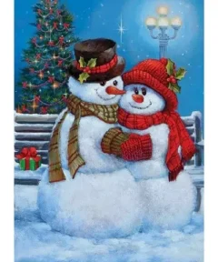 Cuadro Muñecos Nieve Abrazado Diamond Painting: dos muñecos de nieve abrazados con bufanda y sombrero en un paisaje invernal, árbol de Navidad y faroles