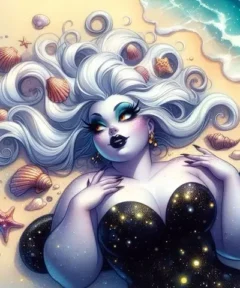 Cuadro Elfa Mágica Plateada Diamond Painting: una elfina marina de cabello plateado junto a conchas y olas, con un aura de brillo.
