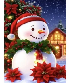Cuadro Muñeco Nieve flores de Diamond Painting con muñeco de nieve, sombrero rojo y flores de poinsettia rojas en un paisaje navideño nocturno