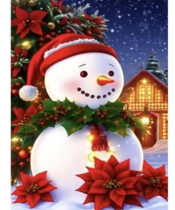 Cuadro Muñeco Nieve flores de Diamond Painting