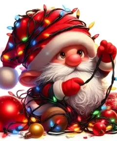 Cuadro Duende navideño de Arte con Diamantes: Santa rodeado de luces multicolores y adornos navideños