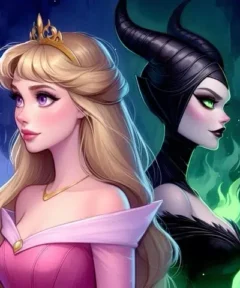 Cuadro Princesa Rubia Hechicera Bordado de Luz: ilustración de una princesa rubia con vestido rosa y una hechicera de cuernos negros, rodeadas por luces azuladas y brillo verde.