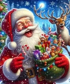Cuadro Santa Claus con Regalos Bordado de Luz: Papá Noel sonriente con saco lleno de regalos iluminados, acompañado de un reno en un paisaje nevado junto a un árbol de Navidad