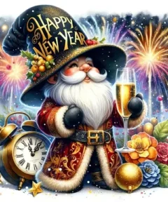 Cuadro Duende Festivo de Punto de Diamante: ilustración colorida de una figura festiva con sombrero grande y barba blanca, vestida con abrigo rojo y detalles dorados, rodeada de un reloj antiguo, copa de champán y flores, con fuegos artificiales en el fondo.