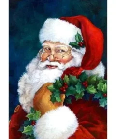 Cuadro Papá Noel con Corona Diamond Painting: Papá Noel con corona de acebo y guirnalda de hojas