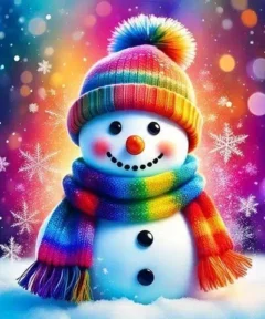 Muñeco de nieve con bufanda bordado de luz y gorro multicolor en un paisaje nevado con luces brillantes.