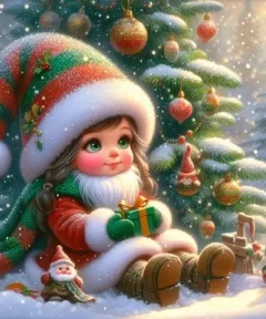 Cuadro Duendecita Navideña Punto de Diamantes: una adorable duendecita con sombrero rojo y verde sostiene un regalo, rodeada de adornos y nieve.