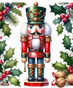 Cuadro Cascanueces Navideño Bordado de Luz: cascanueces rojo con sombrero y barba blanca, rodeado de acebo y bellotas