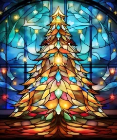 Cuadro Árbol Navidad Vitral Diamond Painting, árbol de Navidad formado por fragmentos de vidrio multicolor en estilo vitral con efecto diamond painting
