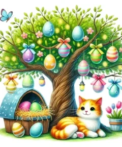 Cuadro Gato con árbol Pascua Diamond Painting: una gata naranja junto a un árbol decorado con huevos de Pascua, casita azul y mariposas