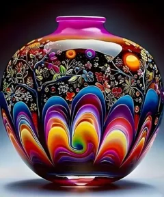 Cuadro Jarrón Vidrio Artesanal Bordado de Luz: jarrón de vidrio con bordado luminoso y motivos florales multicolor