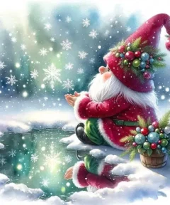 Cuadro Duende Navideño Gorro Bordado de Luz: ilustración de un duende sentado junto a un estanque nevado con un gorro rojo adornado.