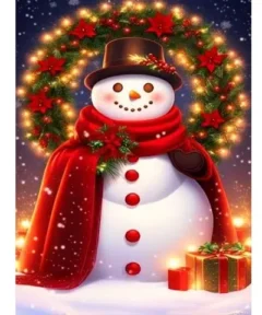Cuadro Muñeco Nieve y Corona Punto de Diamante: muñeco de nieve con sombrero, bufanda roja y corona de luces