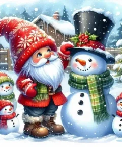 Cuadro Duende y Muñeco de Nieve Bordado de Luz que muestra a Santa Claus junto a un muñeco de nieve en un paisaje nevado, con casas navideñas al fondo