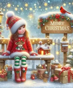 Cuadro Niña Elfa Navidad Bordado con Diamantes: escena navideña con una niña elfa sentada en un banco rodeada de regalos y luces brillantes