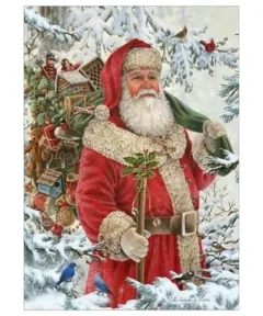 Cuadro Santa Claus Regalos Labor de Diamantes: Papá Noel en un paisaje nevado, rodeado de regalos y un bastón.