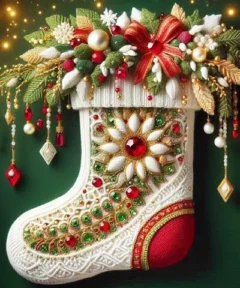 Cuadro Bota Navideña Bordada Punto de Diamante: bota navideña decorada con bordado de punto de diamante, flores y gemas rojas y verdes.