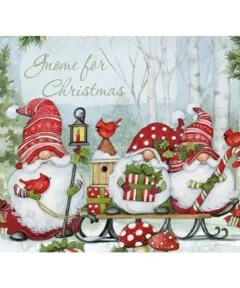 Cuadro Duendes en Trineo Bordado con Diamantes: escena navideña con tres duendes de gorros rojos en un trineo cargado de regalos en un paisaje nevado