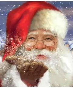 Cuadro Santa Claus en Aldea Punto de Diamante: Papá Noel sonriente sopla nieve sobre una aldea navideña