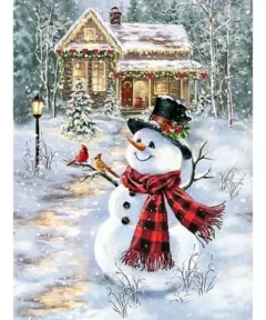 Muñeco de nieve con sombrero y bufanda roja en un paisaje nevado frente a una casa iluminada, con detalles que simulan diamantes en el bordado.