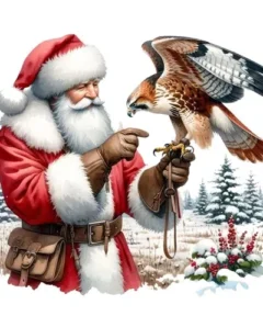 Cuadro Santa Claus con Halcón Bordado de Luz: Santa sostiene un halcón en un paisaje nevado.