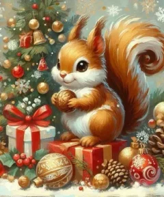 Cuadro Ardilla Navideña Arte con Diamantes: ardilla marrón sosteniendo una bellota frente a un árbol navideño con regalos y adornos brillantes