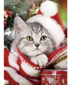 Cuadro Gatito con Gorro Santa Bordado de Luz