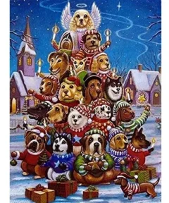 Cuadro Perros Navideños Bordado con Diamantes