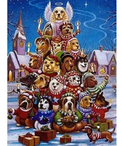 Cuadro Perros Navideños Bordado con Diamantes