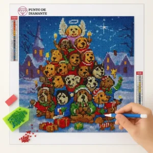 Cuadro Perros Navideños Bordado con Diamantes