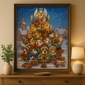 Cuadro Perros Navideños Bordado con Diamantes