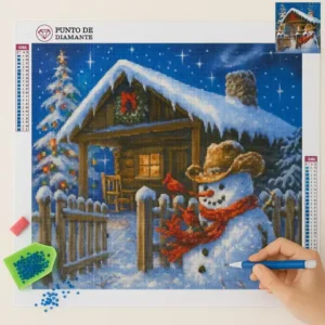 Cuadro Muñeco Nieve y Bufanda Bordado de Luz