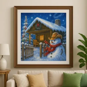 Cuadro Muñeco Nieve y Bufanda Bordado de Luz