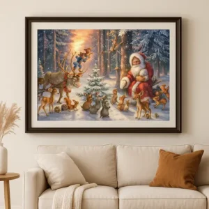 Cuadro Papá Noel con Renos Técnica de Gemado