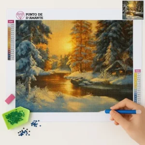 Cuadro Cabaña Iluminada Dorada Bordado de Luz