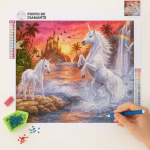 Cuadro Unicornios Blancos Bordado de Diamantes