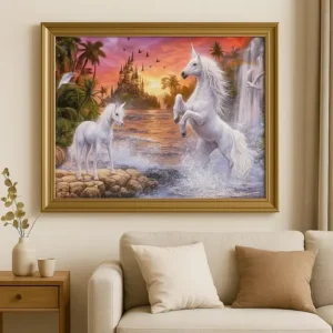 Cuadro Unicornios Blancos Bordado de Diamantes