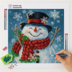 Cuadro Muñeco Nieve Sonriente Bordado de Luz