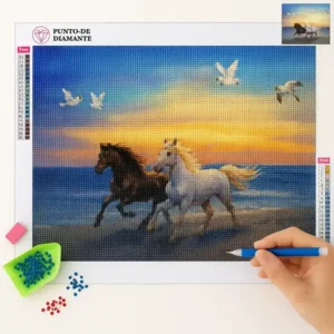 Cuadro Caballos Negros Blancos Bordado de Luz