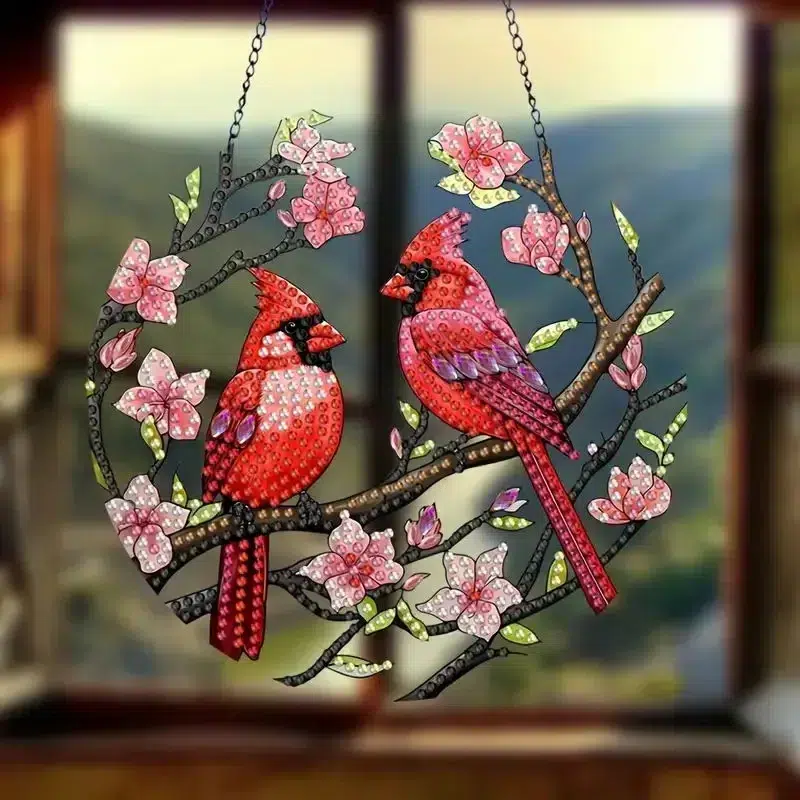 Arte colgante de dos pájaros bordados con diamantes sobre una rama con flores.