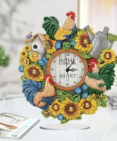 Reloj Gallo de Girasol Pintura de Diamante 5D decorado con flores y detalles vibrantes