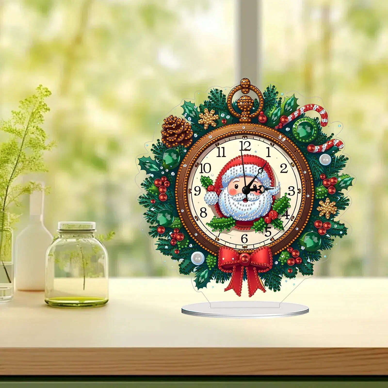 Reloj navideño decorado con Papá Noel en un kit de diamond painting